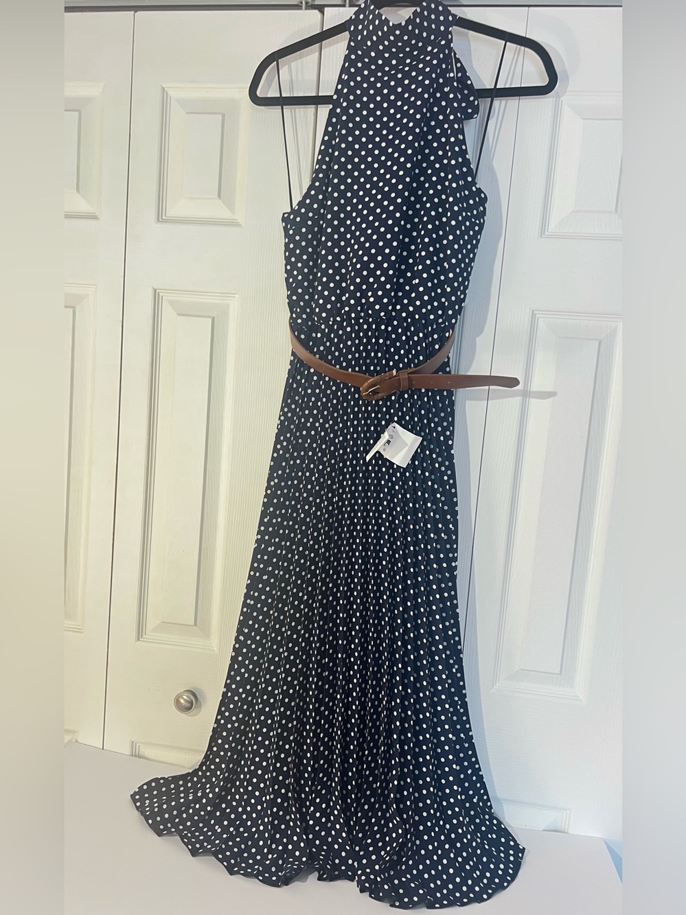 ZARA Navy Polka Dot Halter Maxi Dress with Brown Belt - Picture 11 of 13